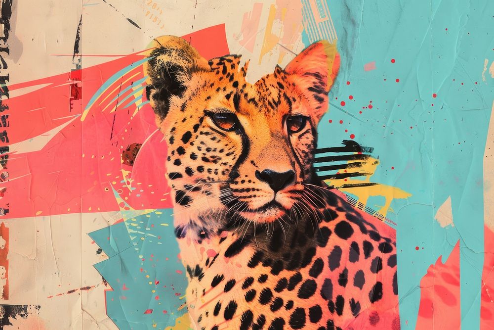 Retro collage of animal art wildlife leopard.