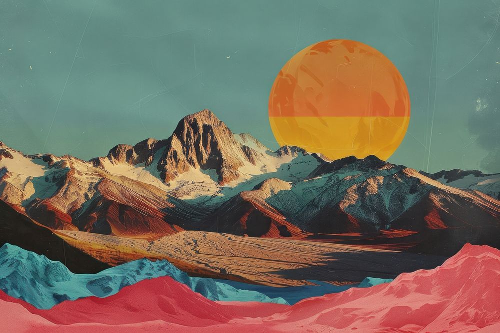 Retro collage of mountain art painting nature.