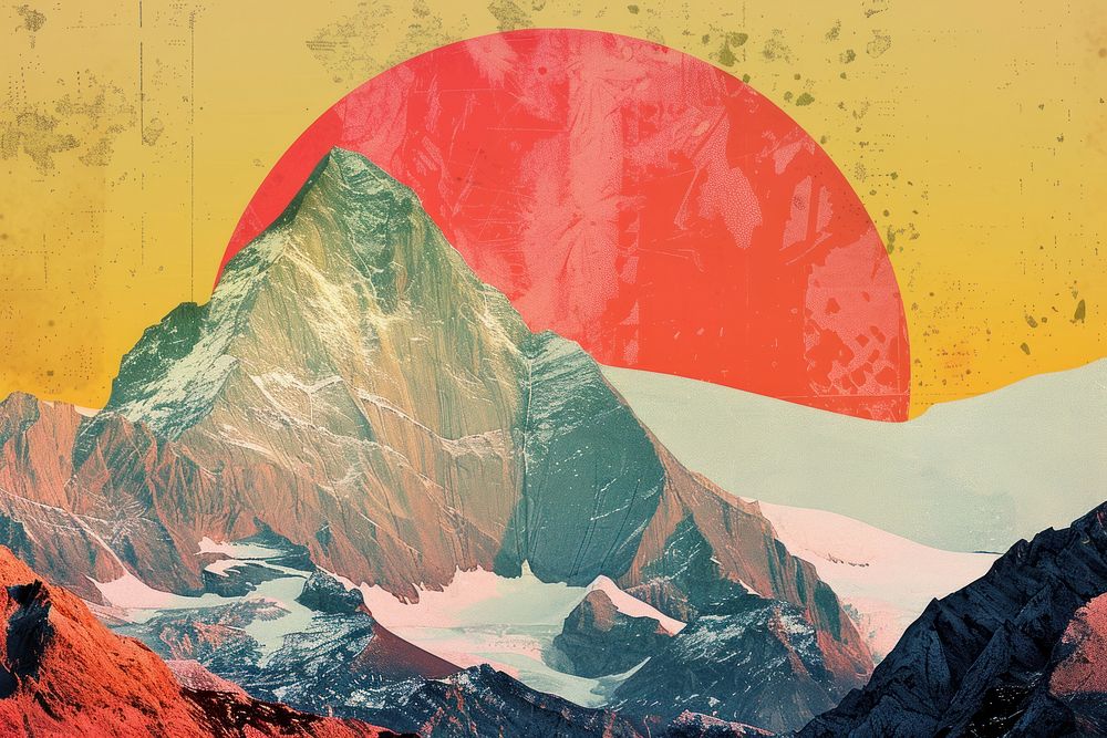 Retro collage of mountain art landscape outdoors.