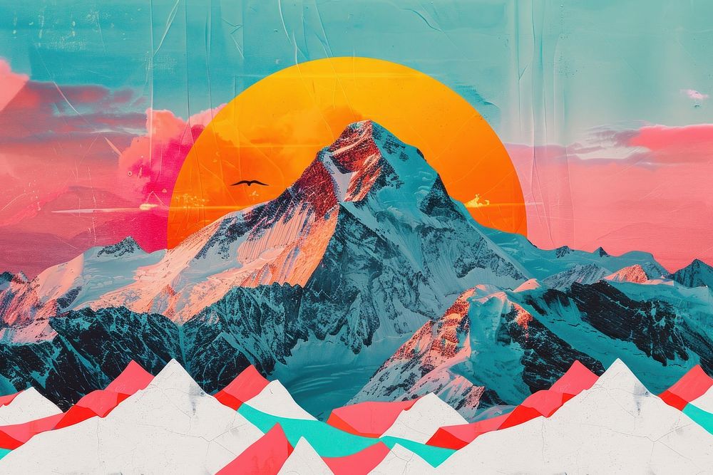 Retro collage of mountain art outdoors painting.