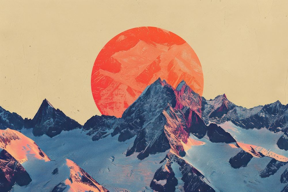 Retro collage of mountain art painting nature.