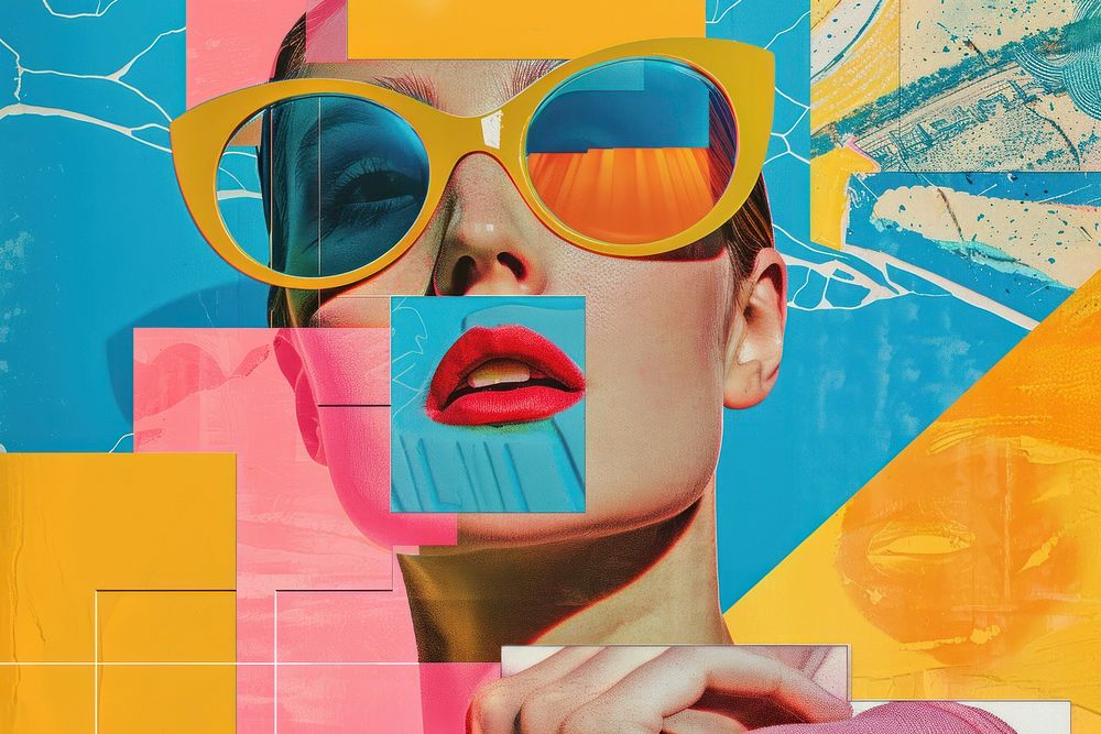 Retro collage of magazine art sunglasses lipstick.