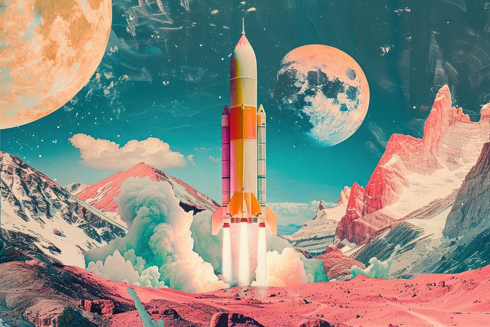 Retro collage of space outdoors vehicle rocket.