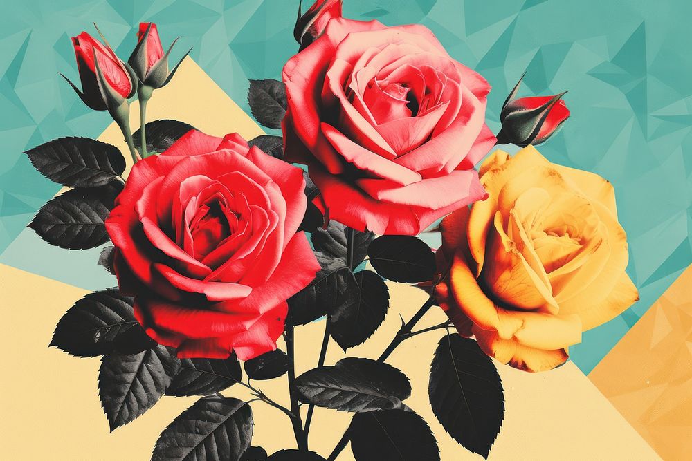 Retro collage of roses flower art painting plant.