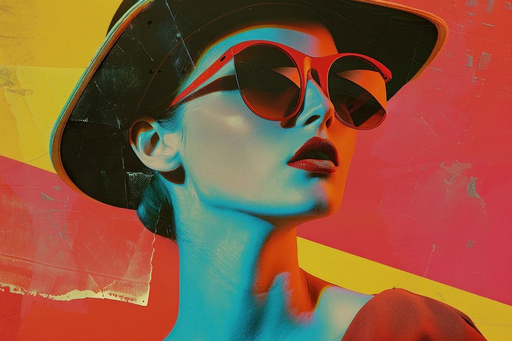 Retro collage of woman art sunglasses portrait.