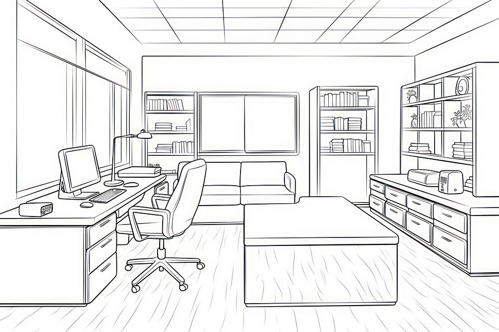 Office space sketch furniture drawing.