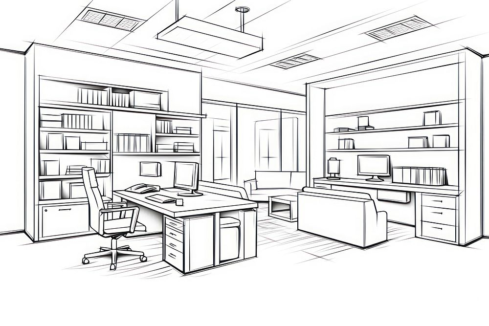 Office space sketch furniture drawing.