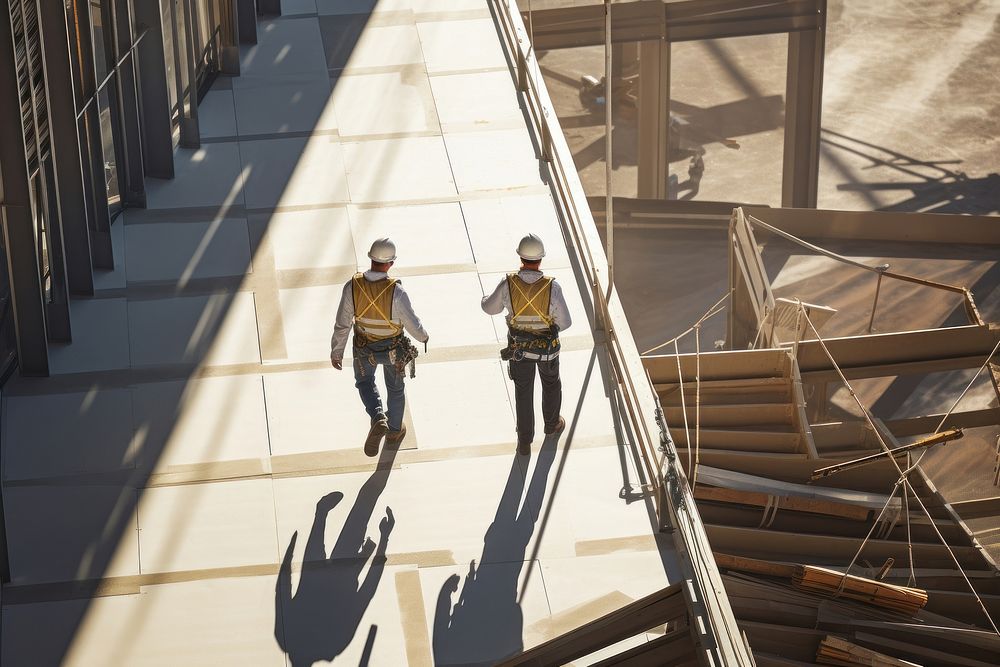 Two engineers walking in the roof of construction architecture building hardhat.