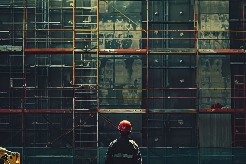 Worker standing in front of the construction building helmet adult architecture.