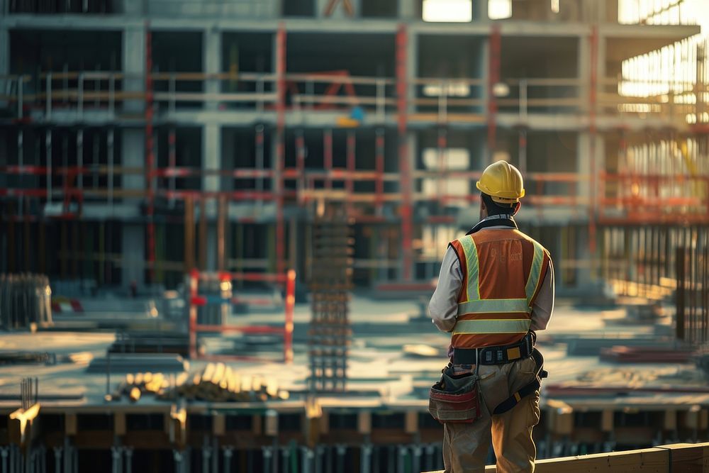 Worker standing in front of the construction building hardhat helmet adult.
