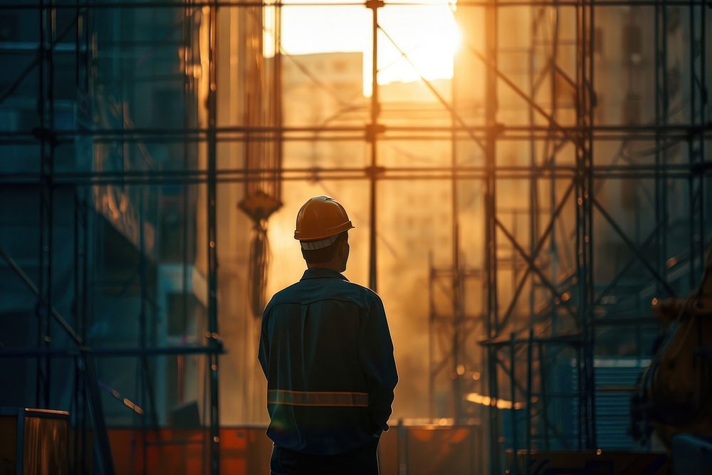 Worker standing in front of the construction building hardhat light adult.