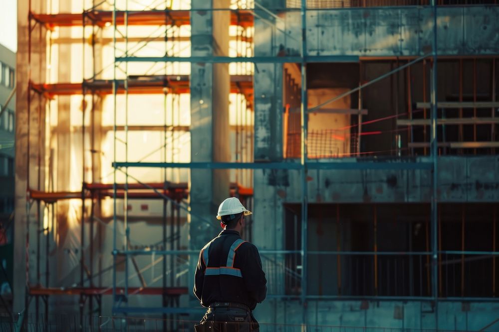 Worker standing in front of the construction building hardhat helmet adult.
