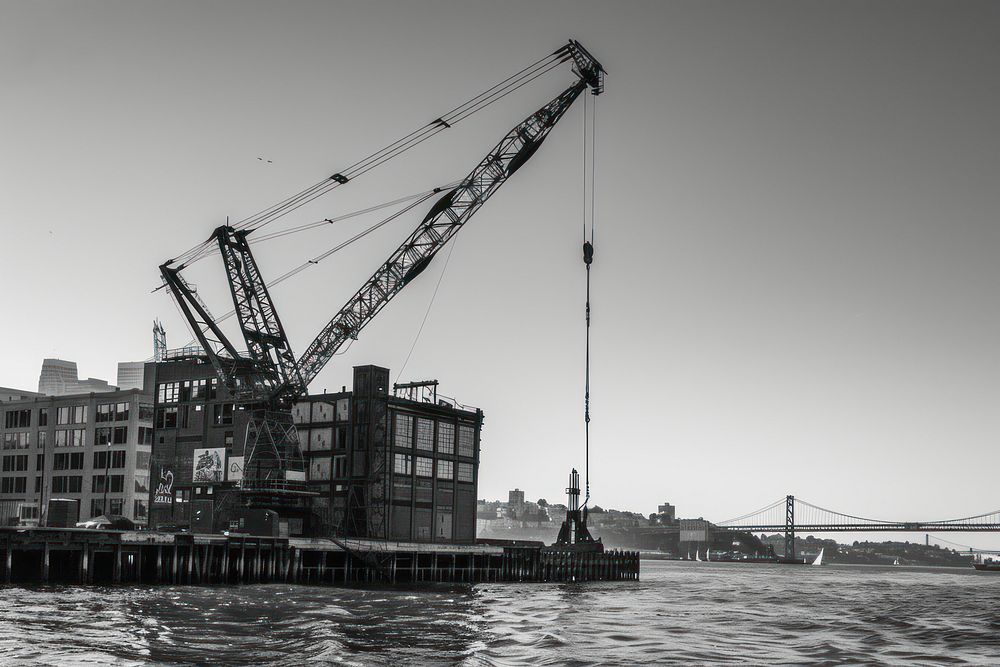 Construction crane waterfront vehicle transportation.