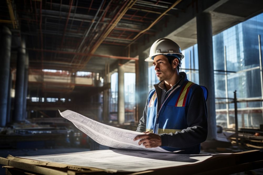 Engineer holding a blueprint over the construction building hardhat helmet adult.
