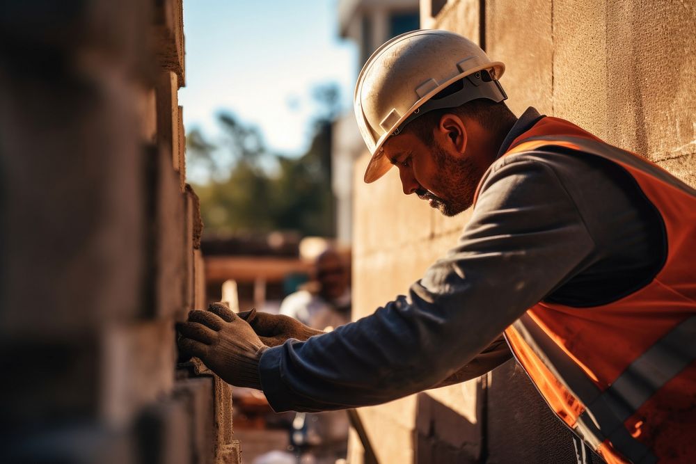 Engineer preping on the wall the construction house hardhat helmet adult.