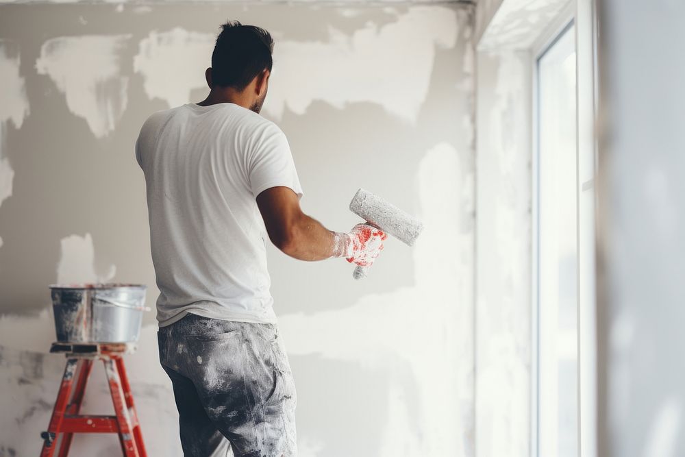 Guy painting a wall in the construction house adult architecture improvement.