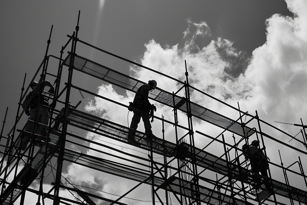 People working on the construction building scaffolding adult architecture.
