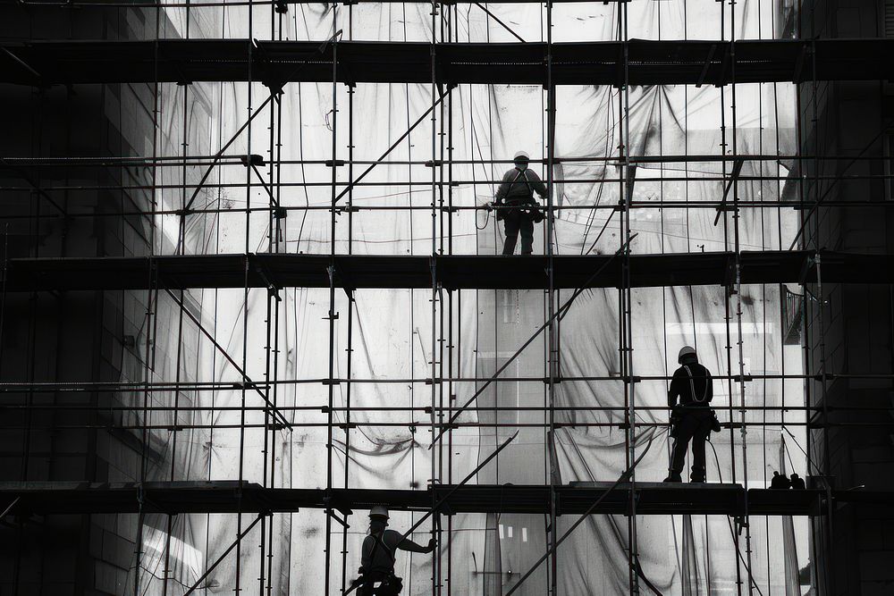 People working on the construction building scaffolding light architecture.