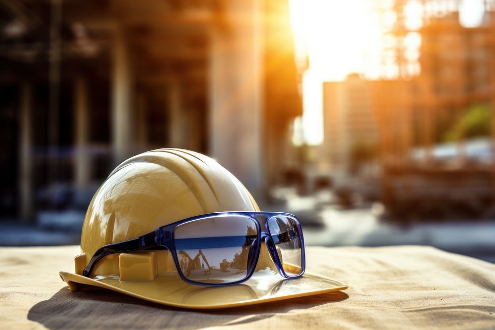 Safety hat and protection glasses put over a blueprint in front of the construction building hardhat helmet architecture.