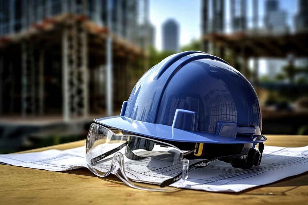 Safety hat and protection glasses put over a blueprint in front of the construction building hardhat helmet architecture.