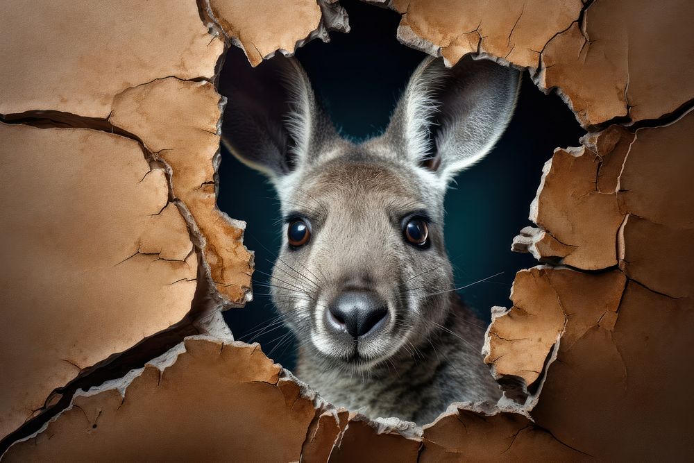 Kangaroo peeking out portrait cracked animal.