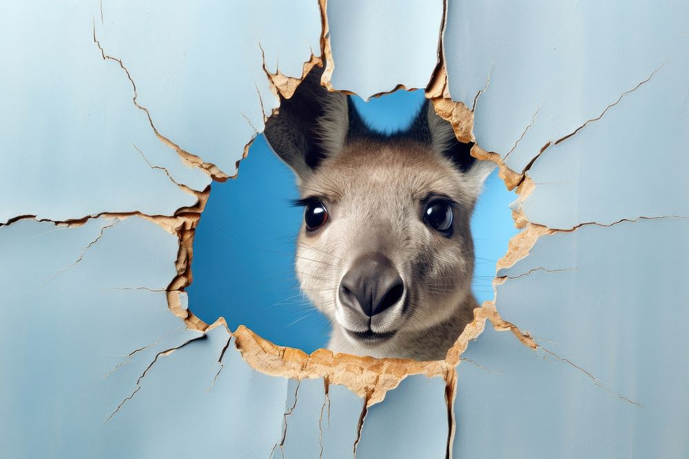 Kangaroo peeking out hole portrait cracked.