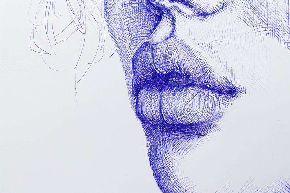 Vintage drawing woman holding lip sketch blue art.