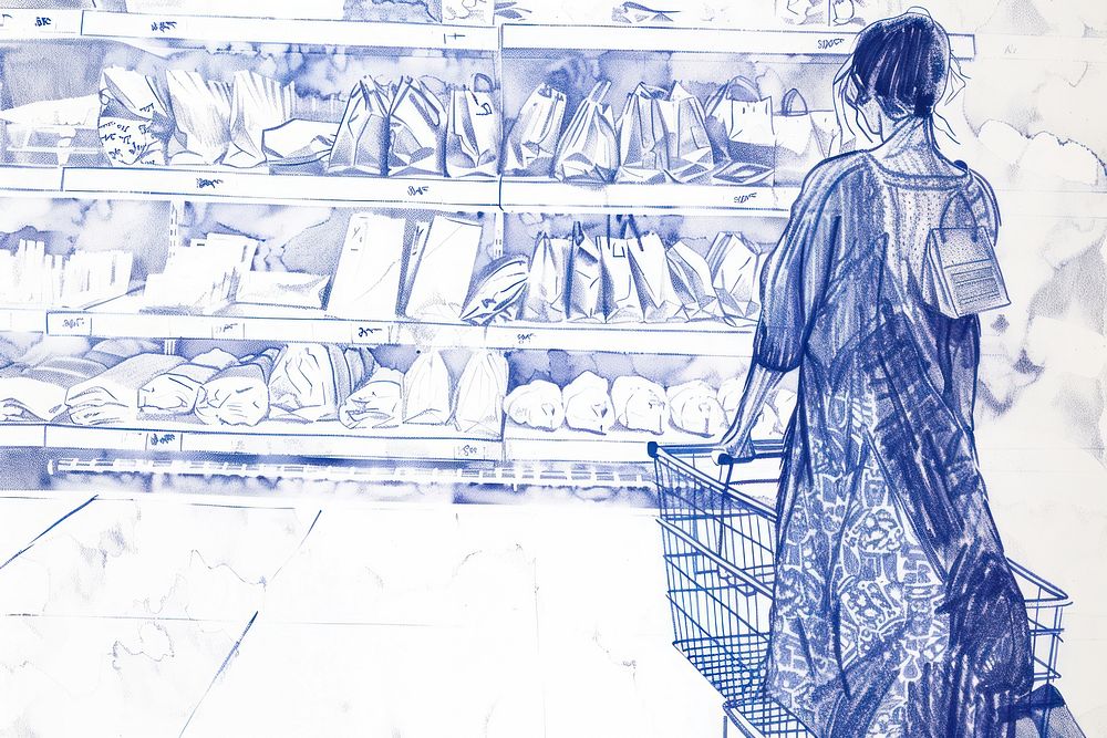 Vintage drawing woman enjoying shopping sketch adult supermarket.