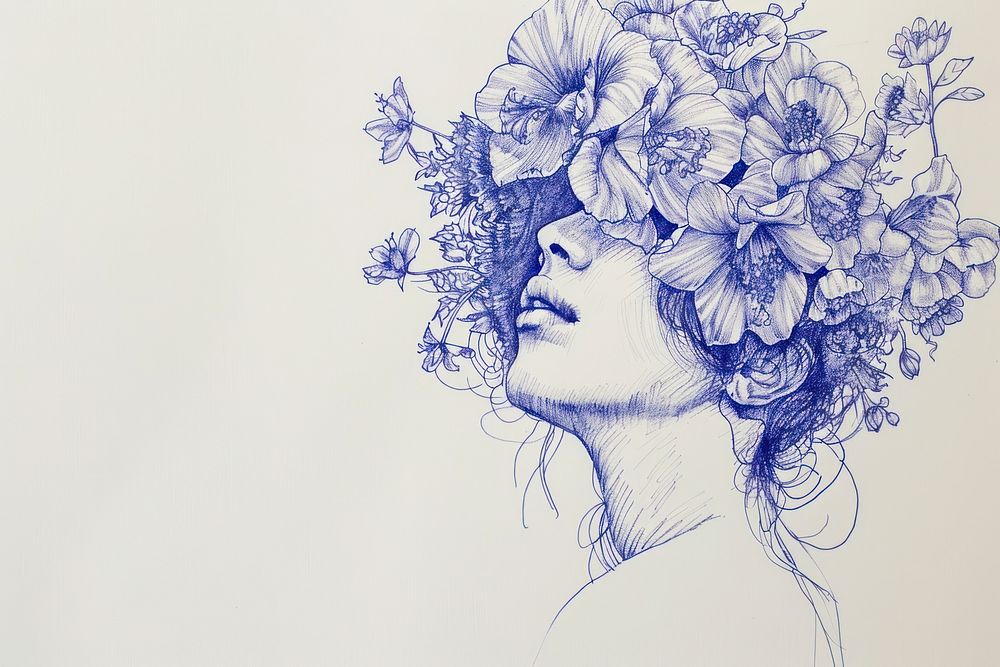 Vintage drawing woman flowers over head sketch blue art.