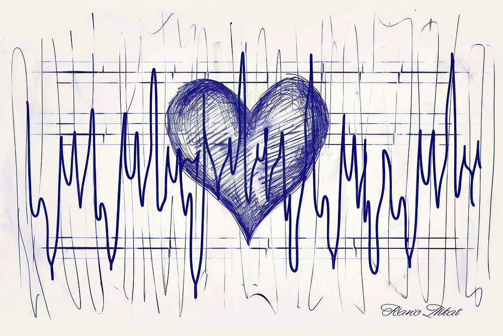 Vintage drawing heart with heart beat EKG graph sketch paper backgrounds.