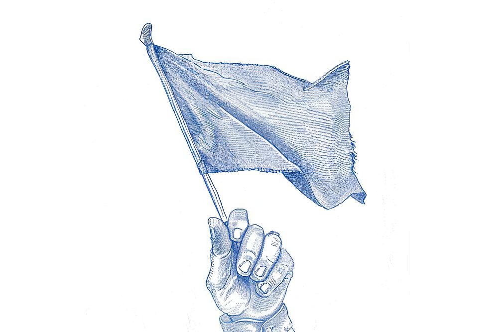 Vintage drawing and holding a flag sketch paper blue.