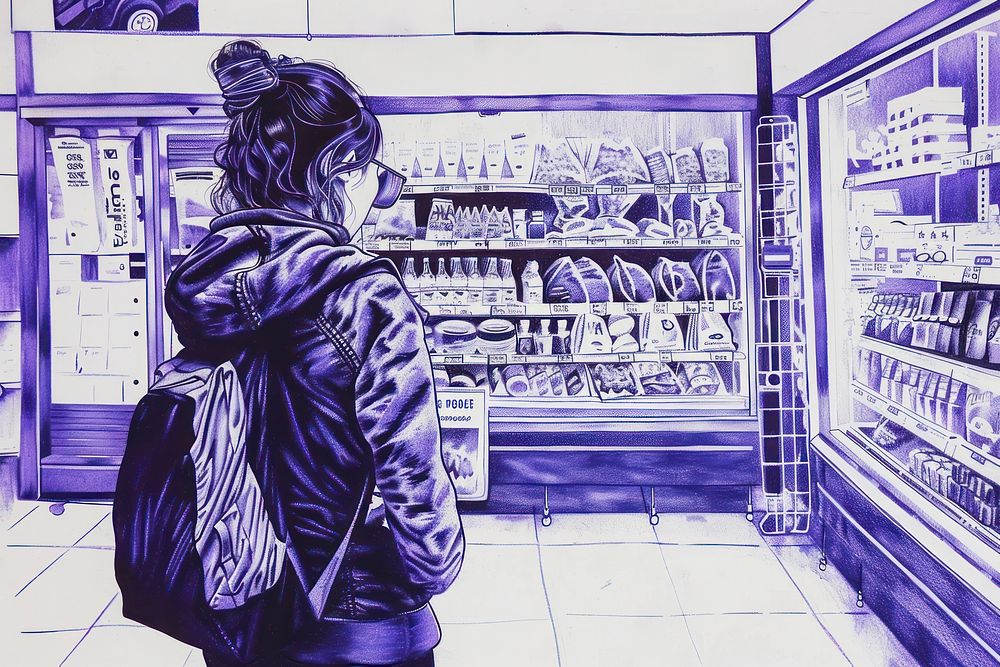 Vintage drawing woman shopping supermarket adult architecture.