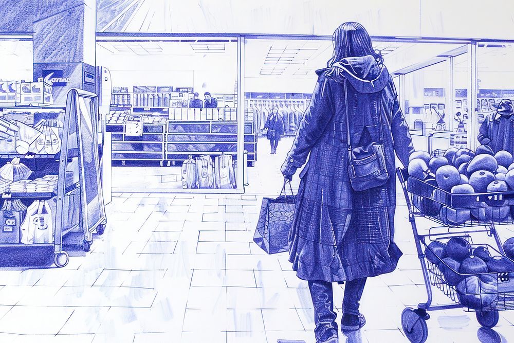 Vintage drawing woman shopping adult architecture supermarket.