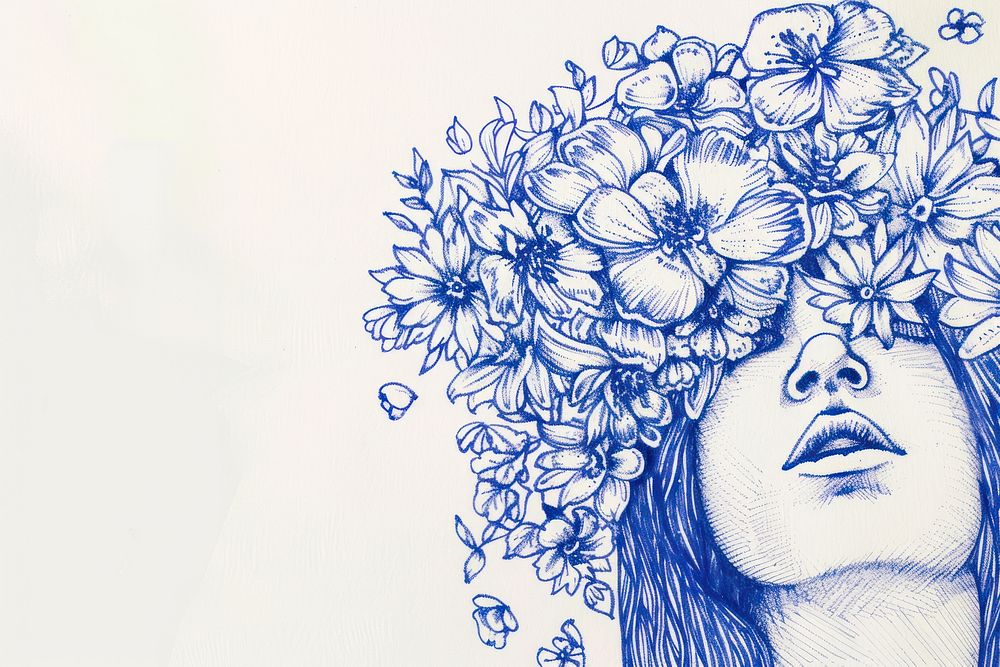 Vintage drawing woman flowers over head pattern sketch blue.