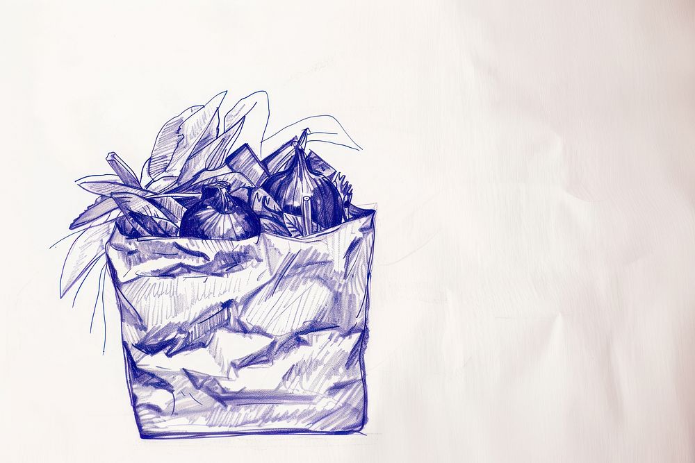 Vintage drawing paper bag with vegetable sketch blue art.
