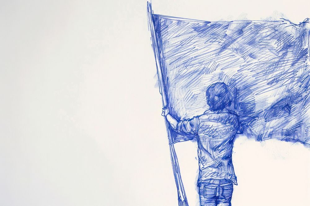 Vintage drawing and holding a flag sketch blue art.