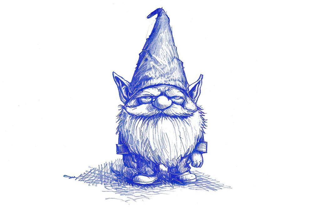 Vintage drawing Gnome sketch blue representation.