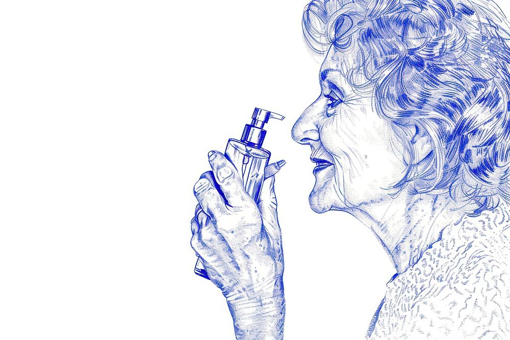 Vintage drawing middle age woman holding a skincare bottle sketch adult blue.