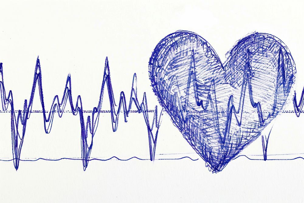 Vintage drawing heart with heart beat EKG graph sketch paper blue.
