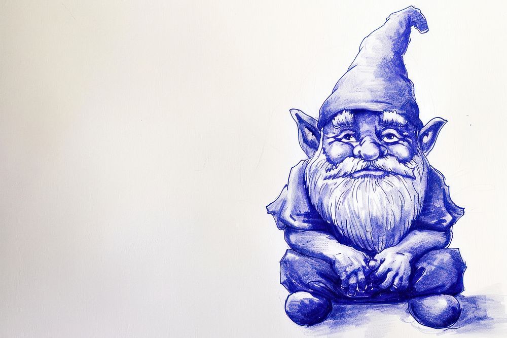 Vintage drawing Gnome sketch blue art.