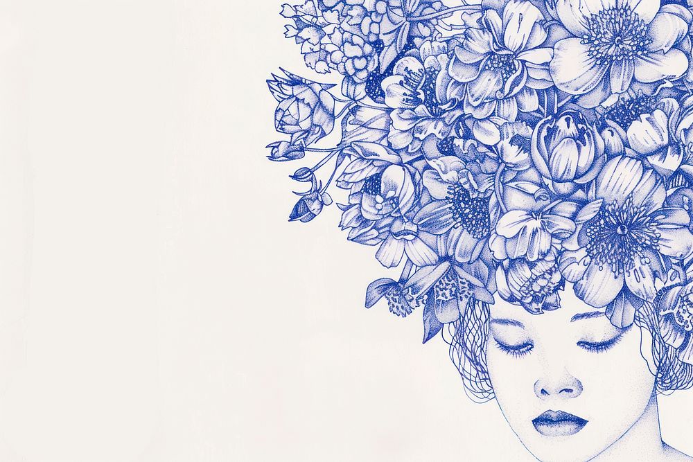 Vintage drawing woman flowers over head pattern sketch blue.