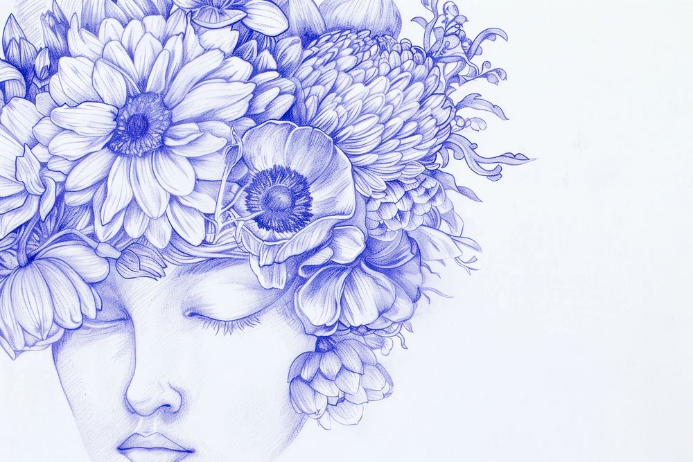 Vintage drawing woman flowers over head sketch blue art.