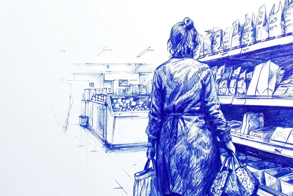 Vintage drawing woman shopping sketch adult architecture.