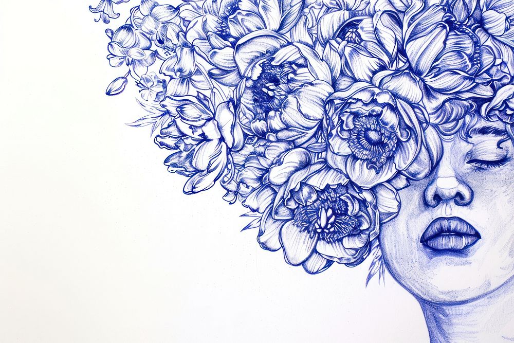 Vintage drawing woman flowers over head pattern sketch adult.