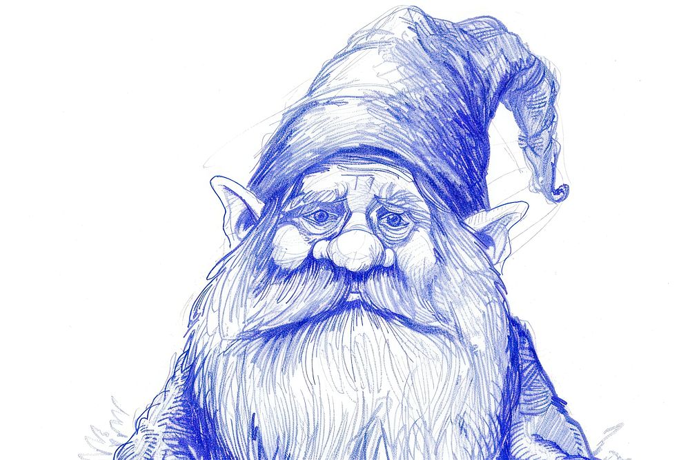 Vintage drawing Gnome sketch blue representation.
