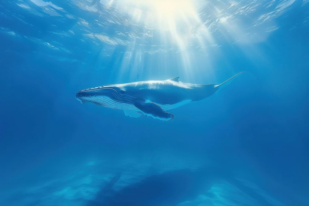 Blue whale underwater swimming outdoors.