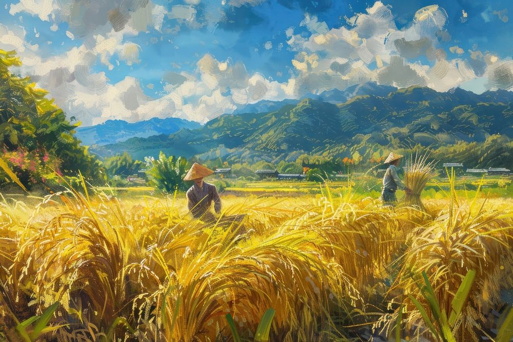 Rice harvesting season agriculture landscape outdoors.