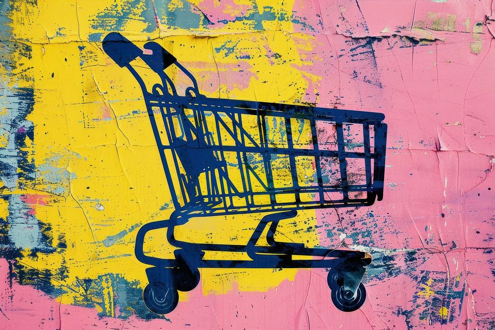 Silkscreen of a shopping cart backgrounds yellow transportation.