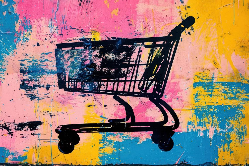 Silkscreen of a shopping cart backgrounds yellow consumerism.