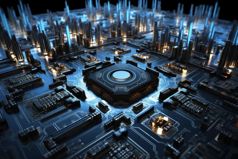 3D visualization technology architecture illuminated motherboard.